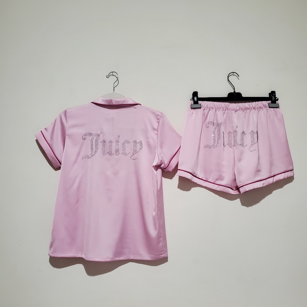 ❌️SOLD❌️JUICY COUTURE Satin Sleepwear Set Bling Juicy Logo Fresh Pink Size S - Picture 2 of 7